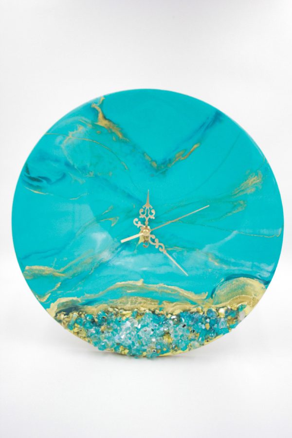 Resin Art Aqua Blue Jeweled Wall Clock