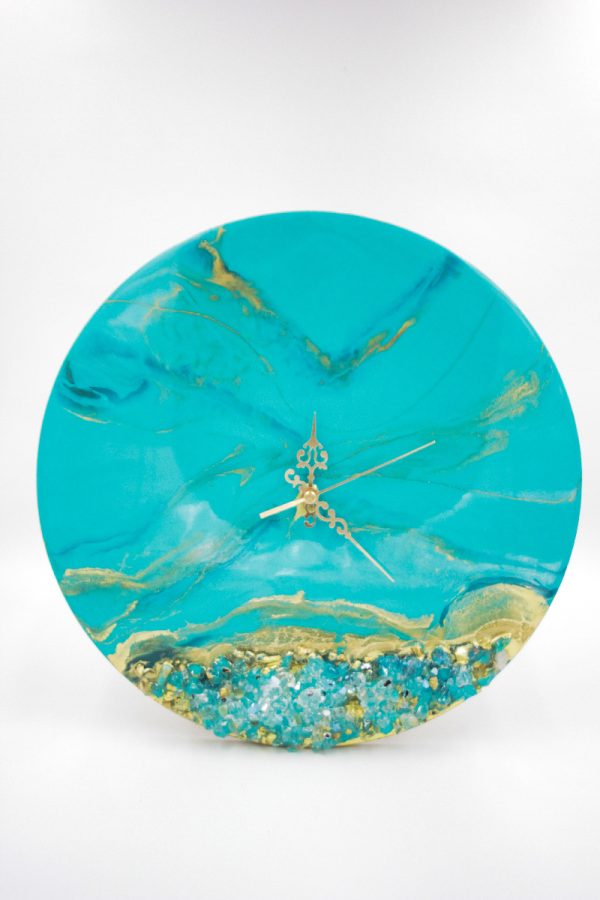 Resin Art Aqua Blue Jeweled Wall Clock - Image 2